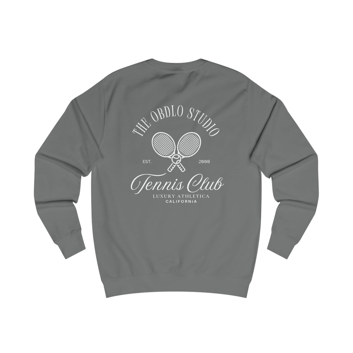 Tennis Club crewneck back view, relaxed unisex fit