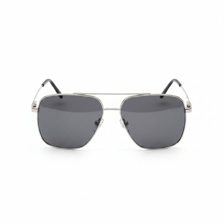 Aviator sunglasses with black lenses on a wooden surface