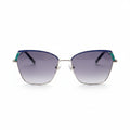 Sunglasses with blue arms on a wooden surface