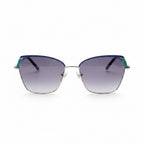 Sunglasses with blue arms on a wooden surface
