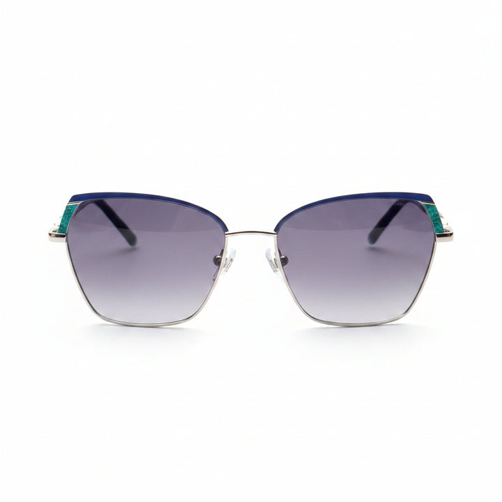 Sunglasses with blue arms on a wooden surface