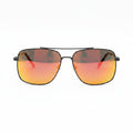 Sunglasses with reflective orange lenses on a wooden surface