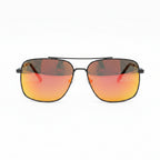 Sunglasses with reflective orange lenses on a wooden surface