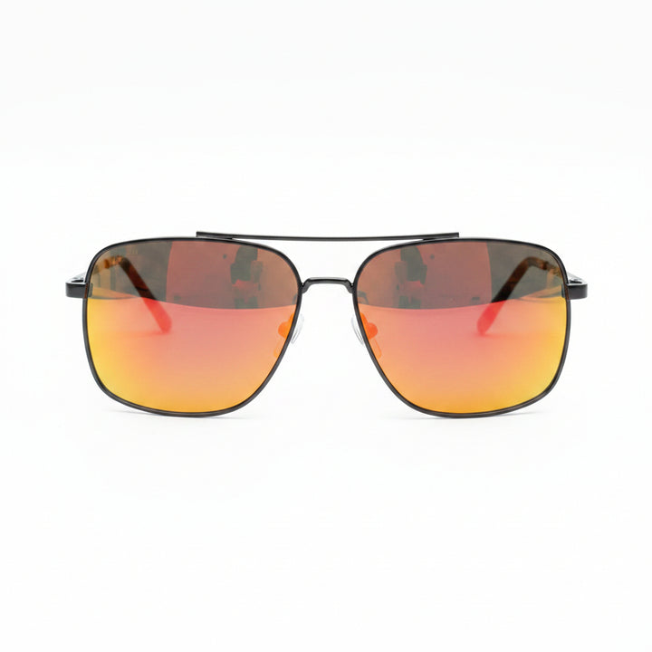 Sunglasses with reflective orange lenses on a wooden surface